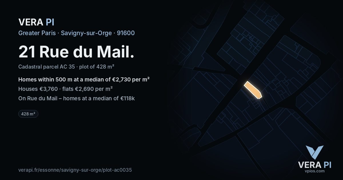 21 Rue du Mail, Savigny-sur-Orge at night – the plot lit, the parcels around coloured by the prices near them