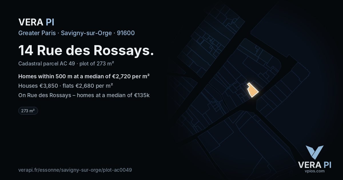 14 Rue des Rossays, Savigny-sur-Orge at night – the plot lit, the parcels around coloured by the prices near them