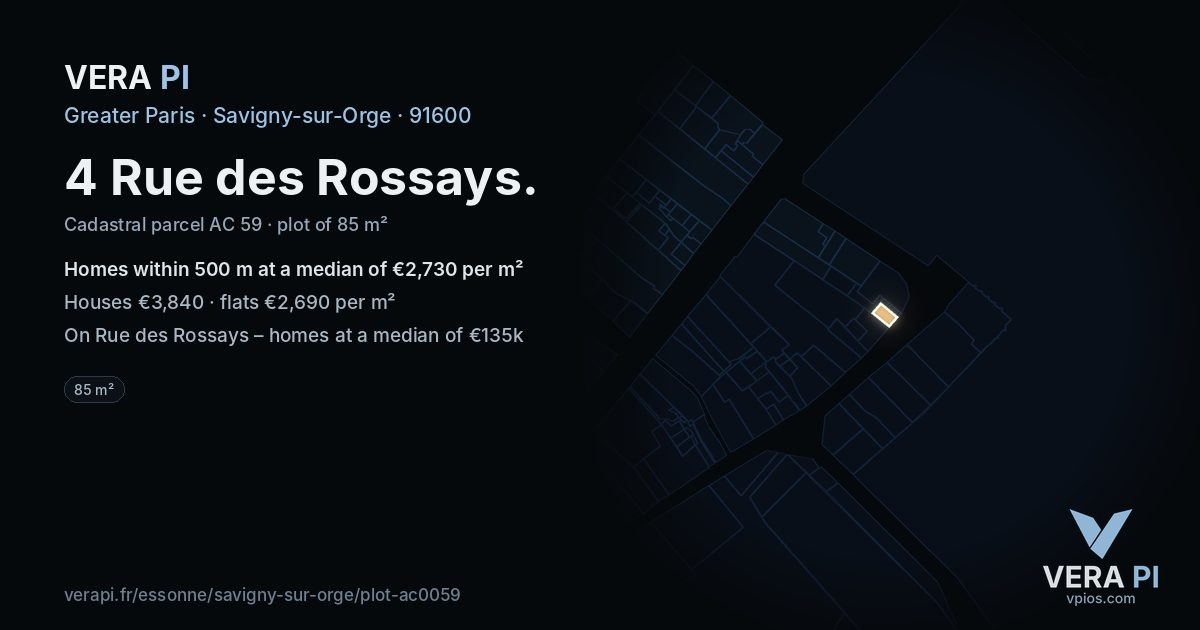 4 Rue des Rossays, Savigny-sur-Orge at night – the plot lit, the parcels around coloured by the prices near them
