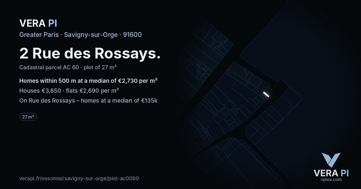 2 Rue des Rossays, Savigny-sur-Orge at night – the plot lit, the parcels around coloured by the prices near them