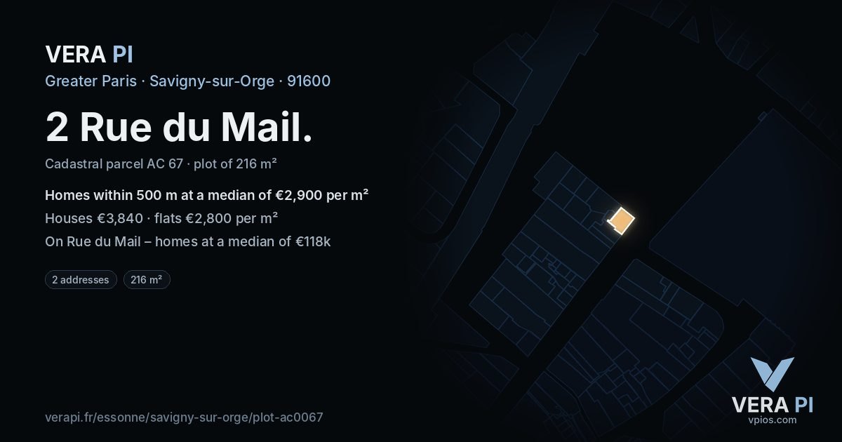 2 Rue du Mail, Savigny-sur-Orge at night – the plot lit, the parcels around coloured by the prices near them