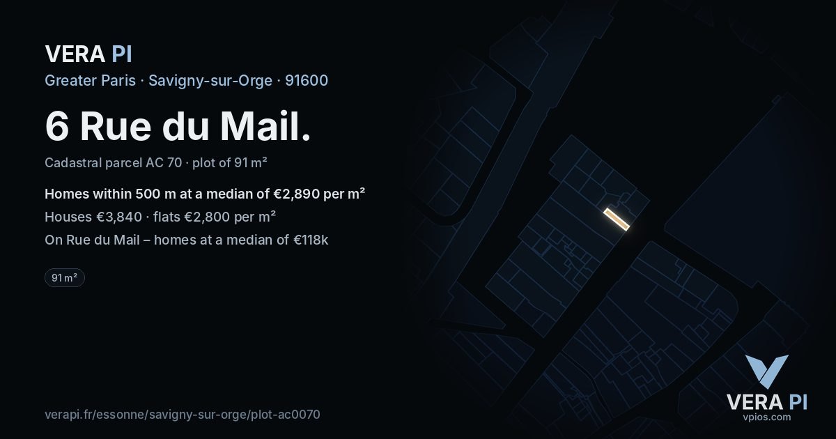 6 Rue du Mail, Savigny-sur-Orge at night – the plot lit, the parcels around coloured by the prices near them