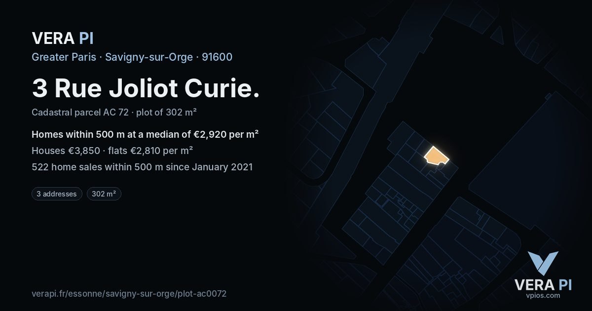 3 Rue Joliot Curie, Savigny-sur-Orge at night – the plot lit, the parcels around coloured by the prices near them