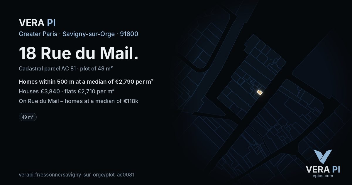 18 Rue du Mail, Savigny-sur-Orge at night – the plot lit, the parcels around coloured by the prices near them