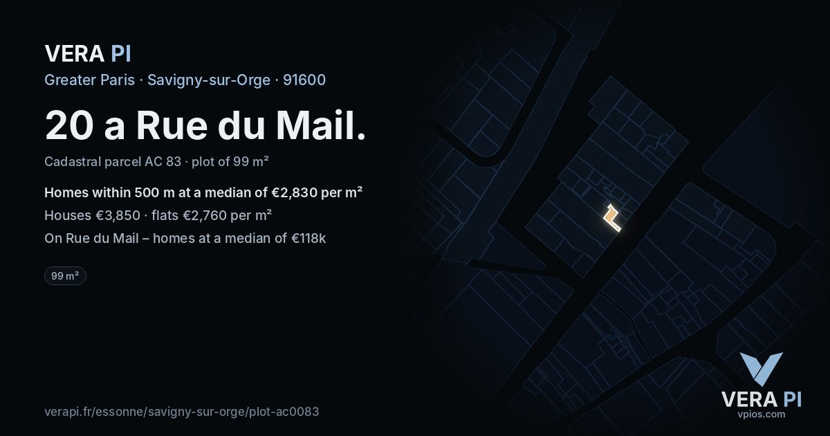 20 a Rue du Mail, Savigny-sur-Orge at night – the plot lit, the parcels around coloured by the prices near them