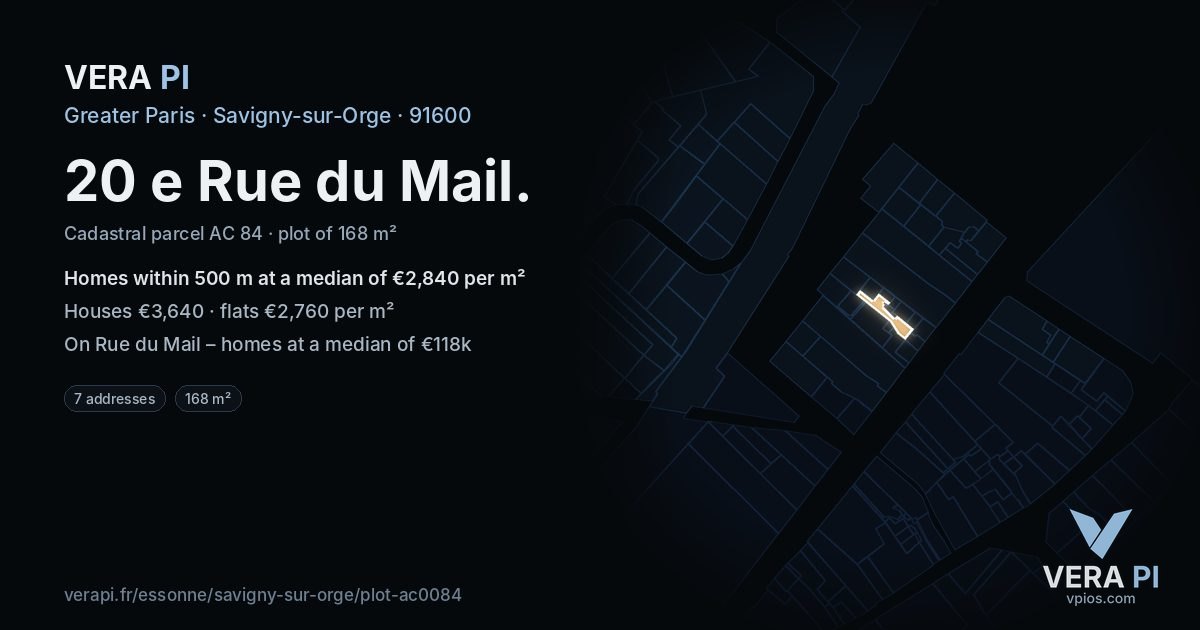 20 e Rue du Mail, Savigny-sur-Orge at night – the plot lit, the parcels around coloured by the prices near them