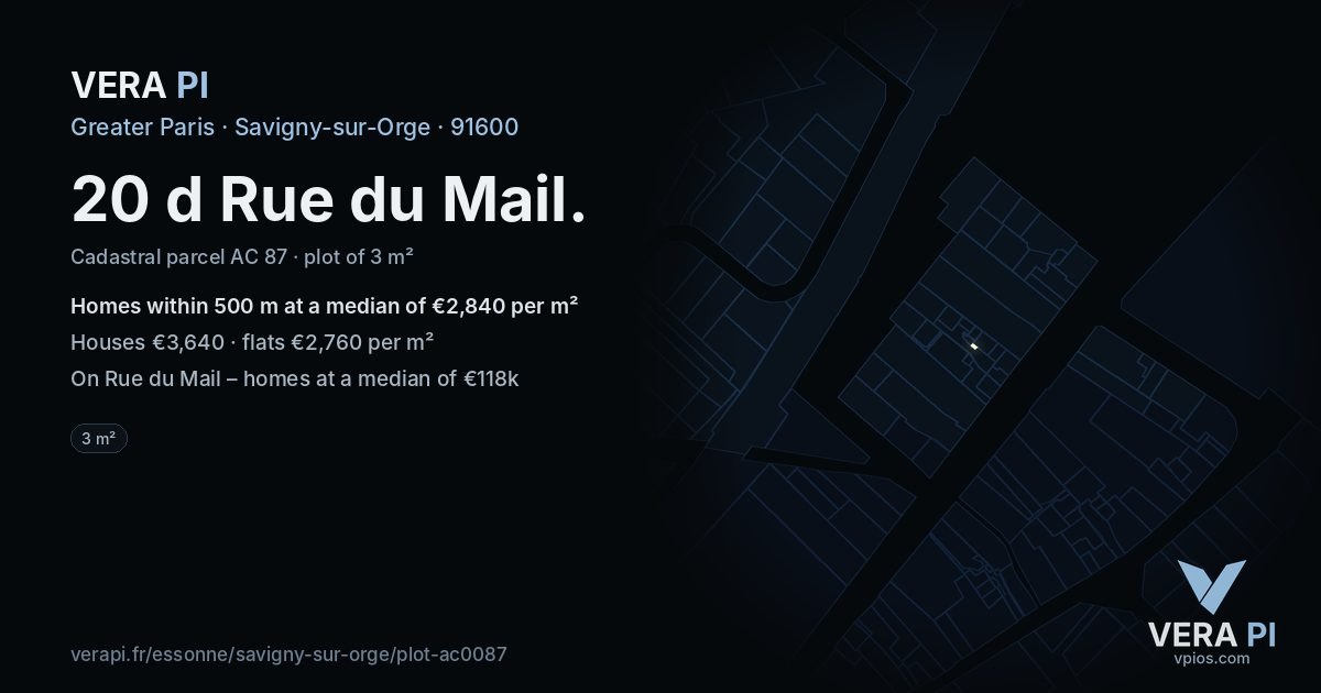 20 d Rue du Mail, Savigny-sur-Orge at night – the plot lit, the parcels around coloured by the prices near them