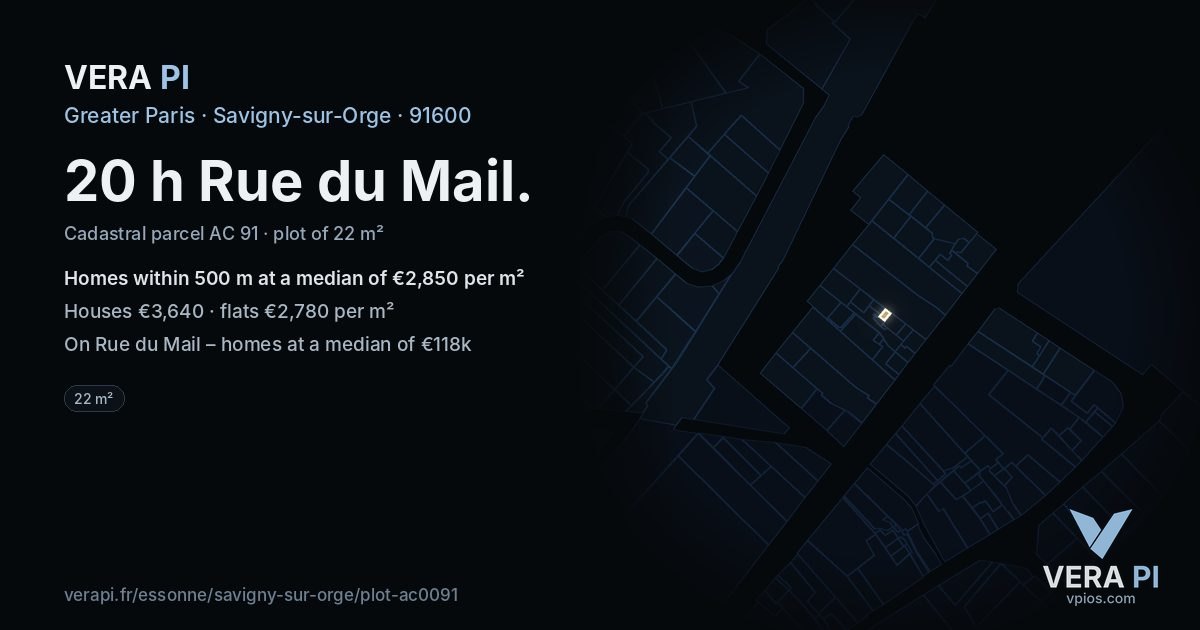 20 h Rue du Mail, Savigny-sur-Orge at night – the plot lit, the parcels around coloured by the prices near them