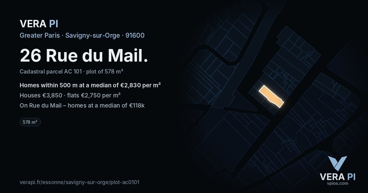 26 Rue du Mail, Savigny-sur-Orge at night – the plot lit, the parcels around coloured by the prices near them
