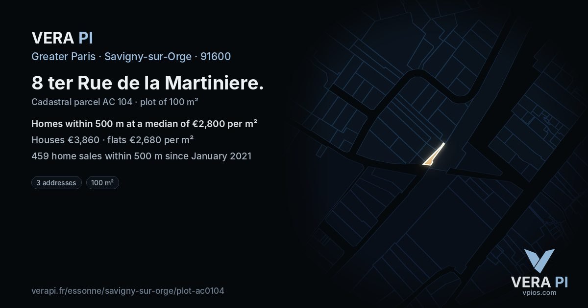 8 ter Rue de la Martiniere, Savigny-sur-Orge at night – the plot lit, the parcels around coloured by the prices near them
