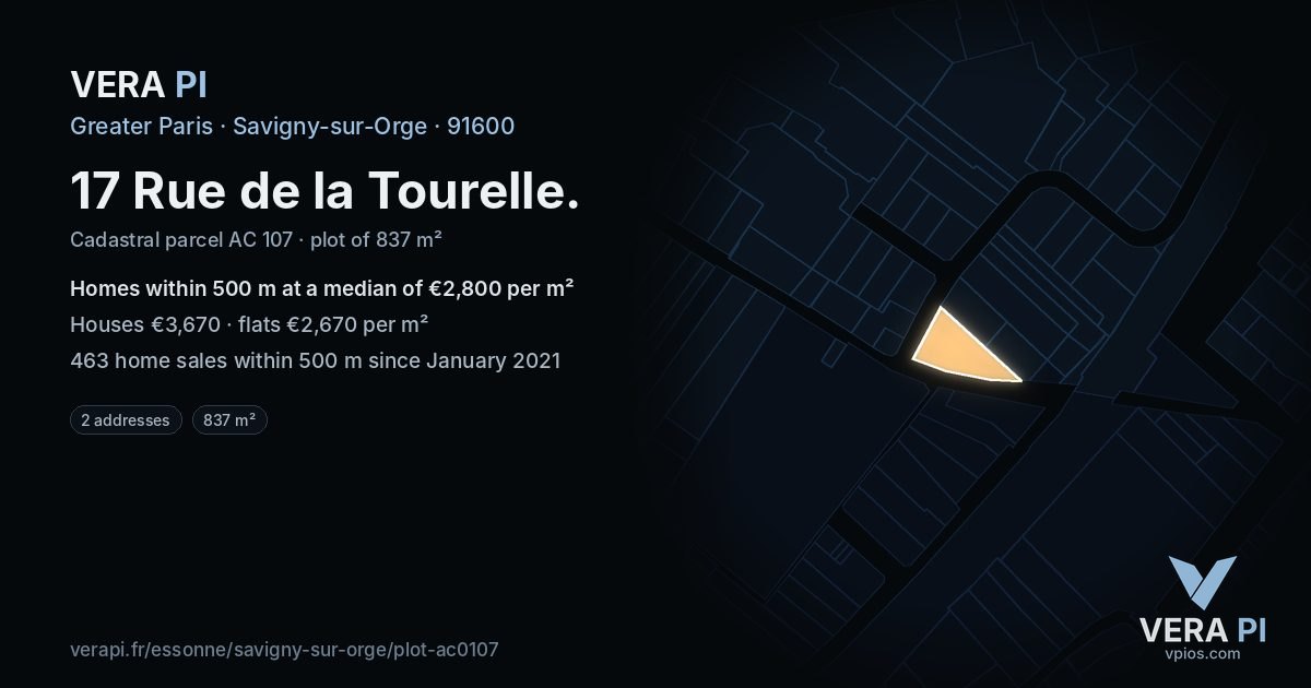 17 Rue de la Tourelle, Savigny-sur-Orge at night – the plot lit, the parcels around coloured by the prices near them