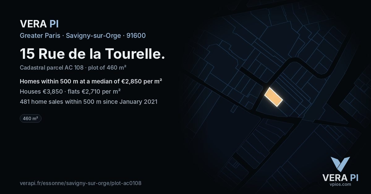 15 Rue de la Tourelle, Savigny-sur-Orge at night – the plot lit, the parcels around coloured by the prices near them