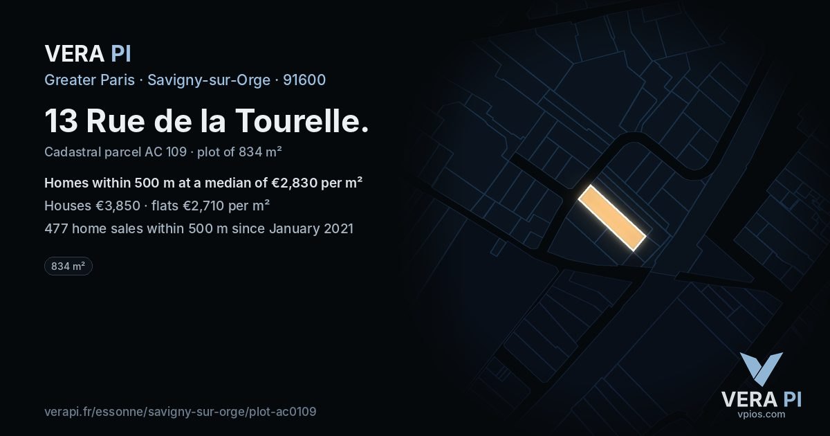 13 Rue de la Tourelle, Savigny-sur-Orge at night – the plot lit, the parcels around coloured by the prices near them