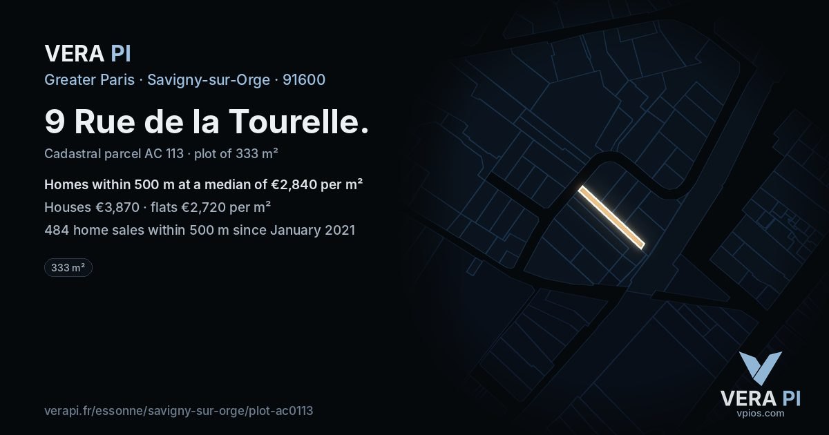 9 Rue de la Tourelle, Savigny-sur-Orge at night – the plot lit, the parcels around coloured by the prices near them