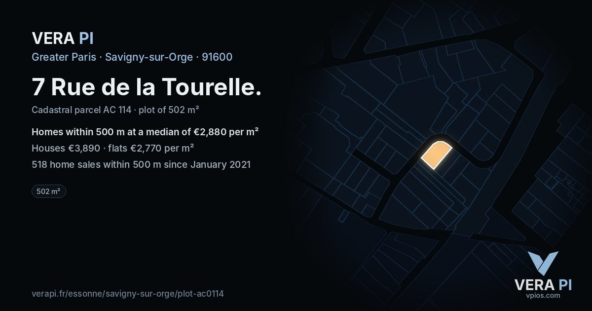 7 Rue de la Tourelle, Savigny-sur-Orge at night – the plot lit, the parcels around coloured by the prices near them
