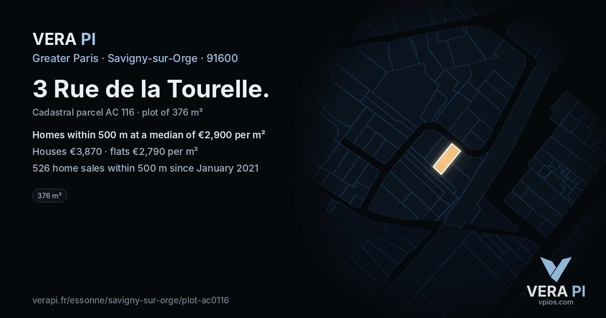 3 Rue de la Tourelle, Savigny-sur-Orge at night – the plot lit, the parcels around coloured by the prices near them