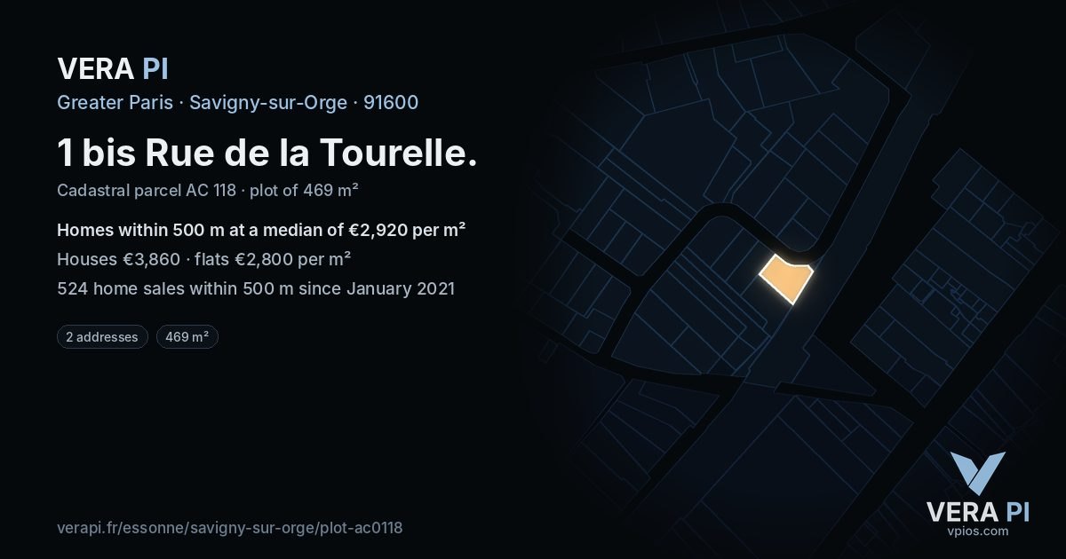 1 bis Rue de la Tourelle, Savigny-sur-Orge at night – the plot lit, the parcels around coloured by the prices near them