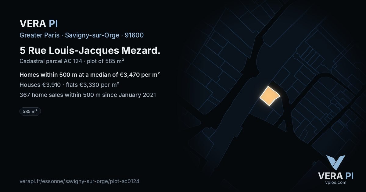 5 Rue Louis-Jacques Mezard, Savigny-sur-Orge at night – the plot lit, the parcels around coloured by the prices near them