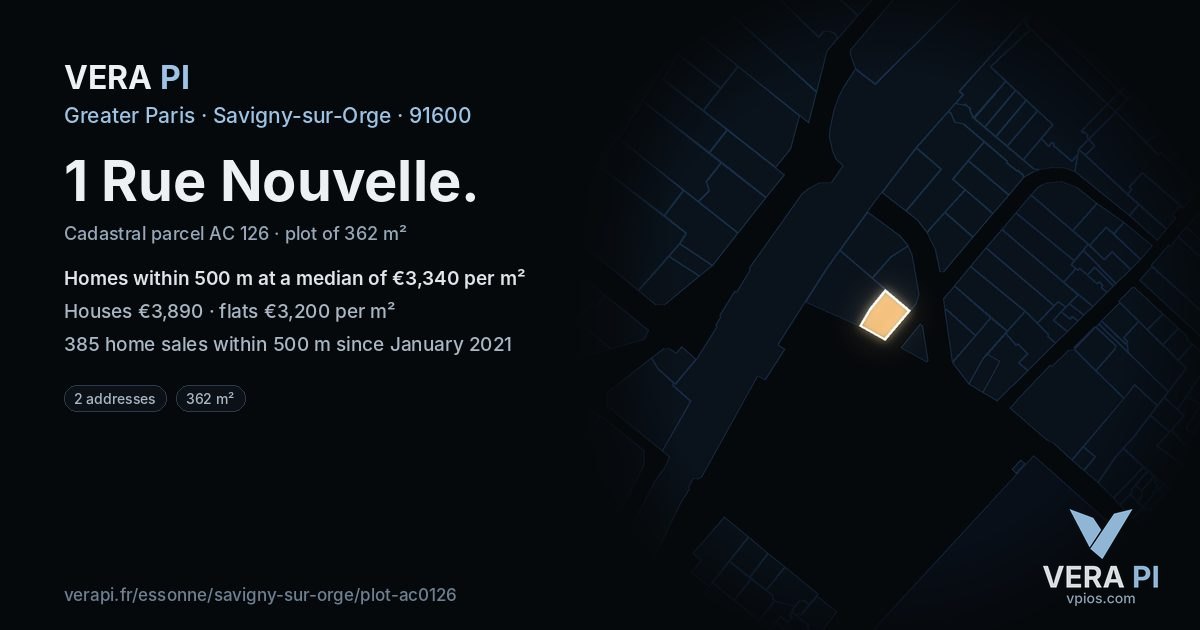 1 Rue Nouvelle, Savigny-sur-Orge at night – the plot lit, the parcels around coloured by the prices near them