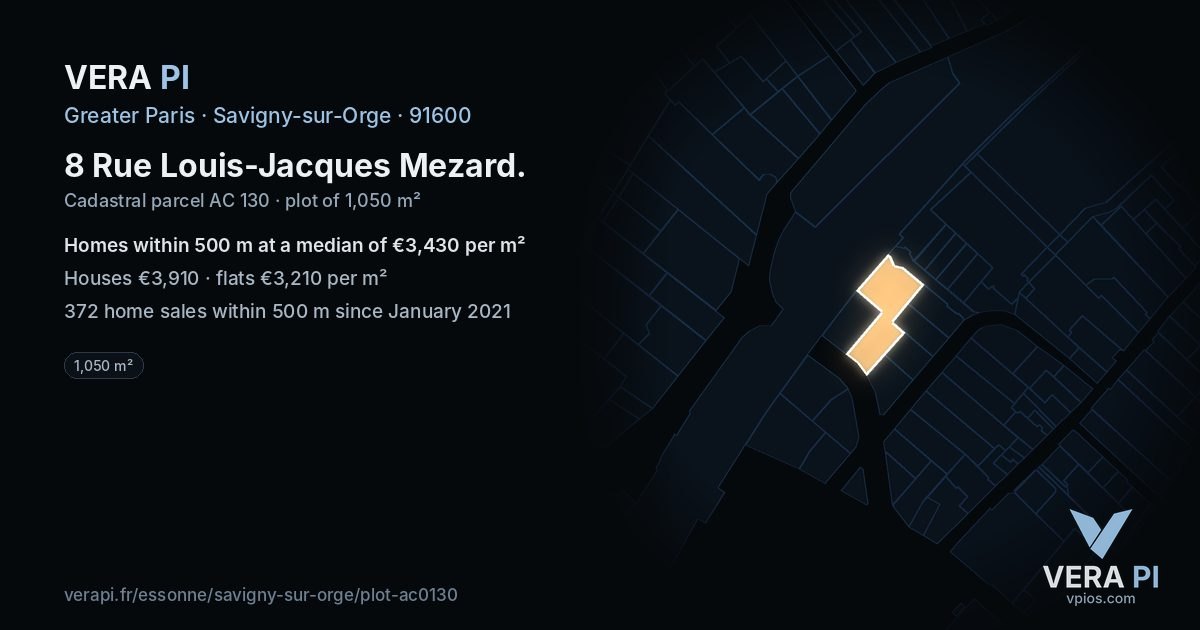 8 Rue Louis-Jacques Mezard, Savigny-sur-Orge at night – the plot lit, the parcels around coloured by the prices near them