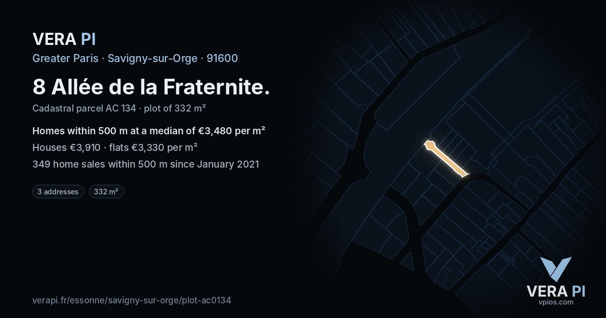 8 Allée de la Fraternite, Savigny-sur-Orge at night – the plot lit, the parcels around coloured by the prices near them