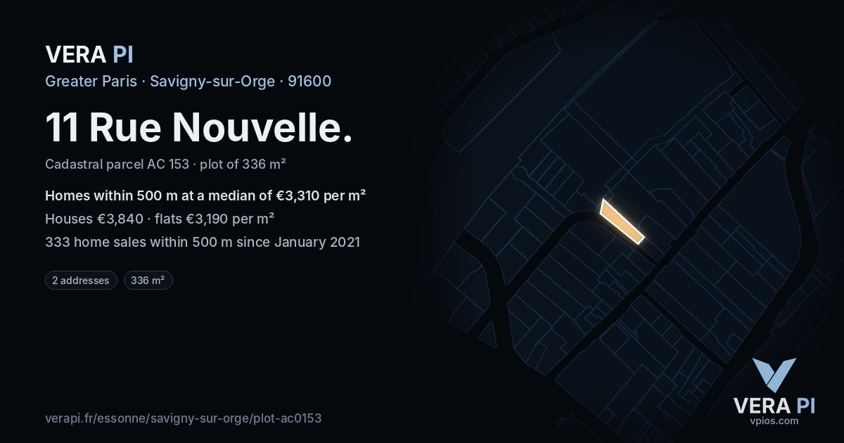 11 Rue Nouvelle, Savigny-sur-Orge at night – the plot lit, the parcels around coloured by the prices near them