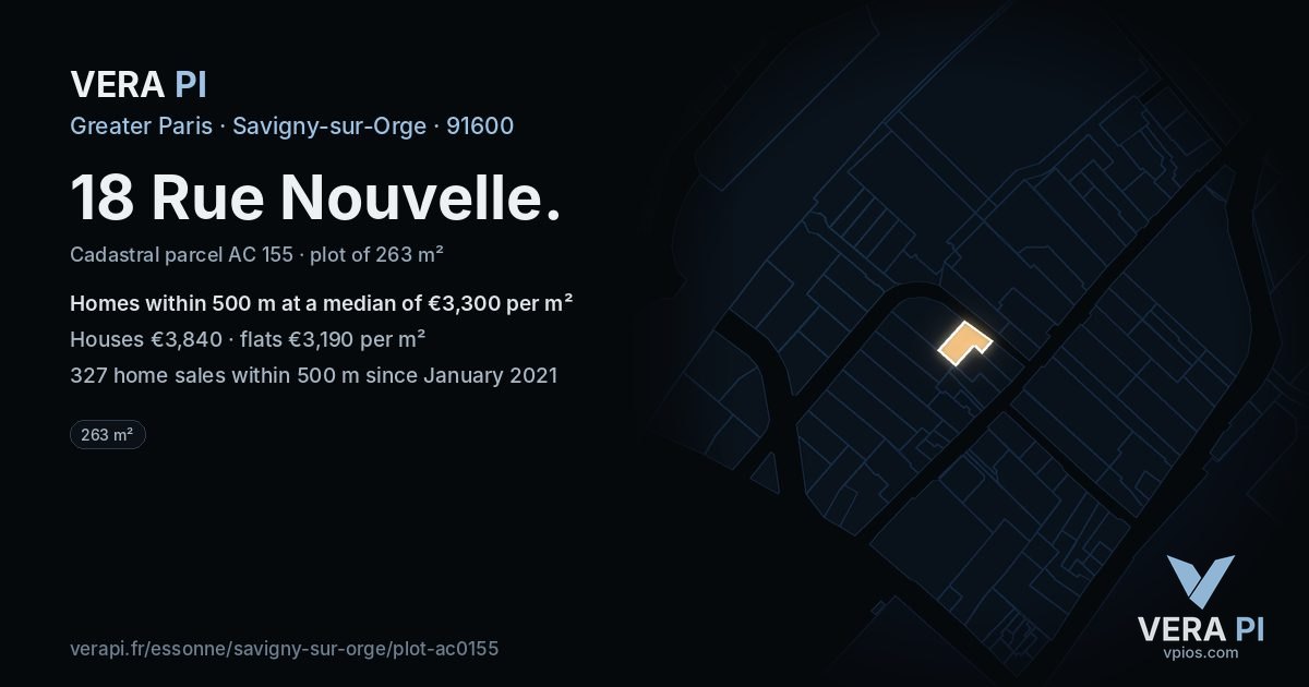 18 Rue Nouvelle, Savigny-sur-Orge at night – the plot lit, the parcels around coloured by the prices near them