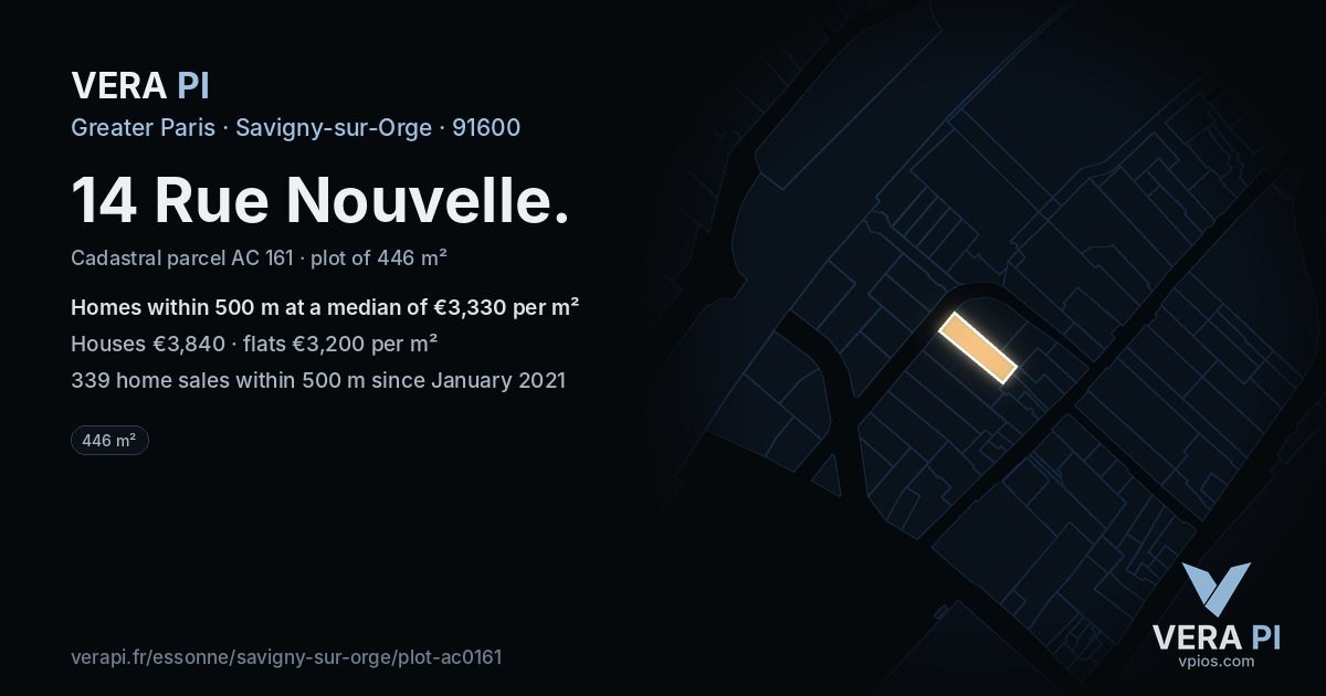 14 Rue Nouvelle, Savigny-sur-Orge at night – the plot lit, the parcels around coloured by the prices near them