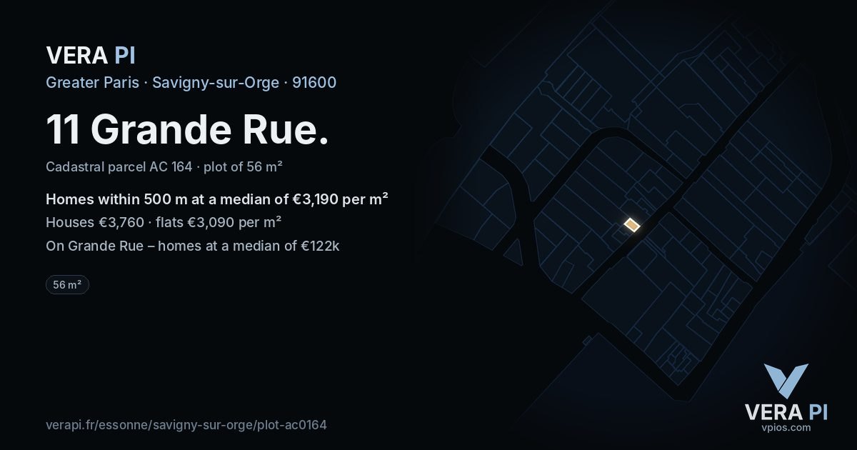 11 Grande Rue, Savigny-sur-Orge at night – the plot lit, the parcels around coloured by the prices near them
