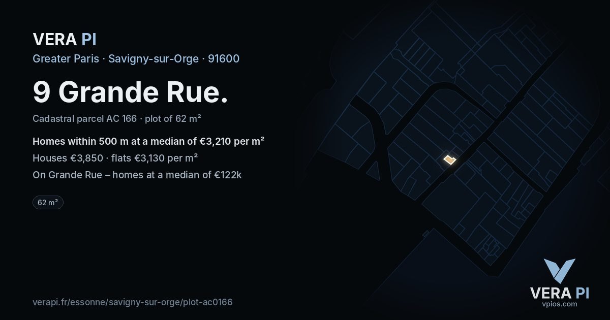 9 Grande Rue, Savigny-sur-Orge at night – the plot lit, the parcels around coloured by the prices near them