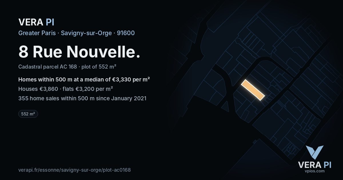 8 Rue Nouvelle, Savigny-sur-Orge at night – the plot lit, the parcels around coloured by the prices near them