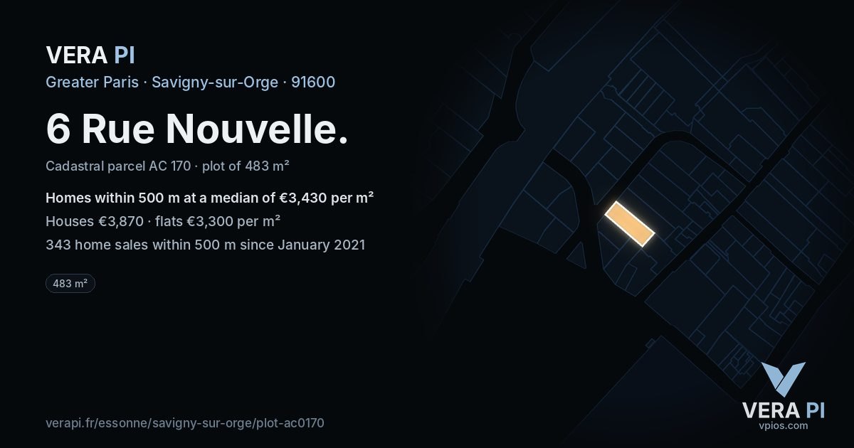 6 Rue Nouvelle, Savigny-sur-Orge at night – the plot lit, the parcels around coloured by the prices near them