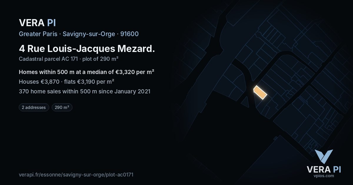 4 Rue Louis-Jacques Mezard, Savigny-sur-Orge at night – the plot lit, the parcels around coloured by the prices near them