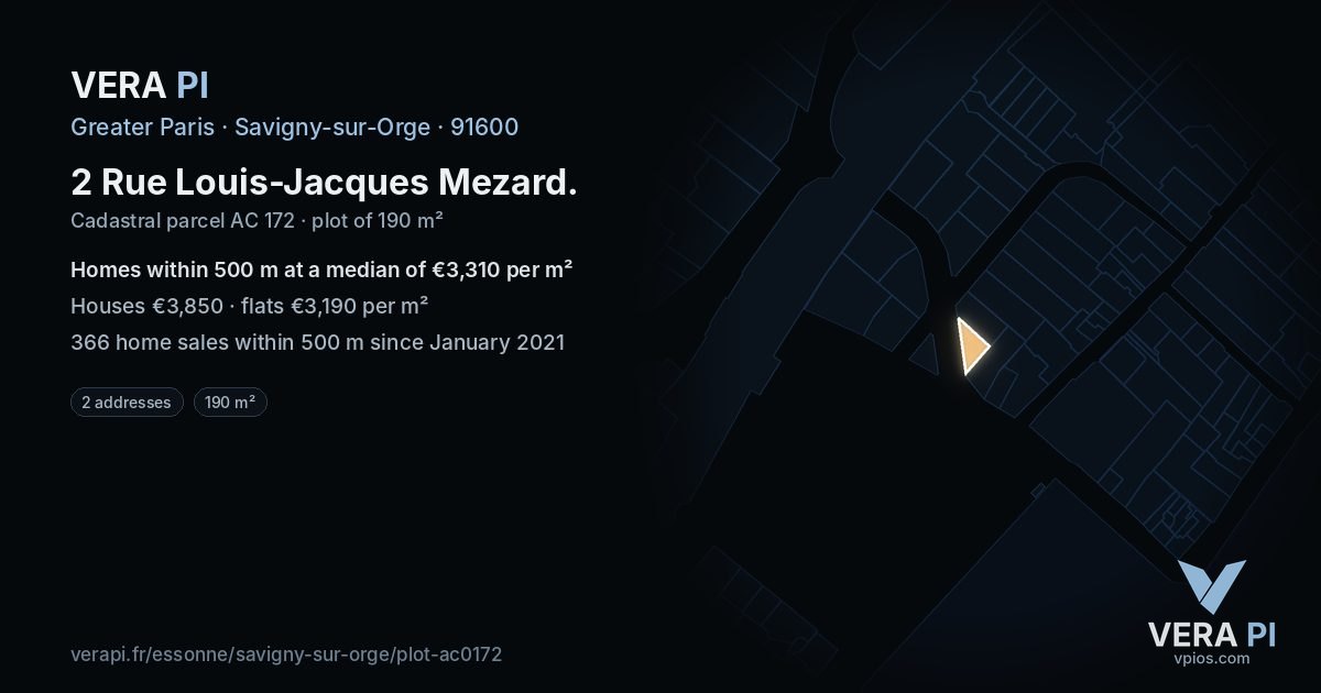2 Rue Louis-Jacques Mezard, Savigny-sur-Orge at night – the plot lit, the parcels around coloured by the prices near them