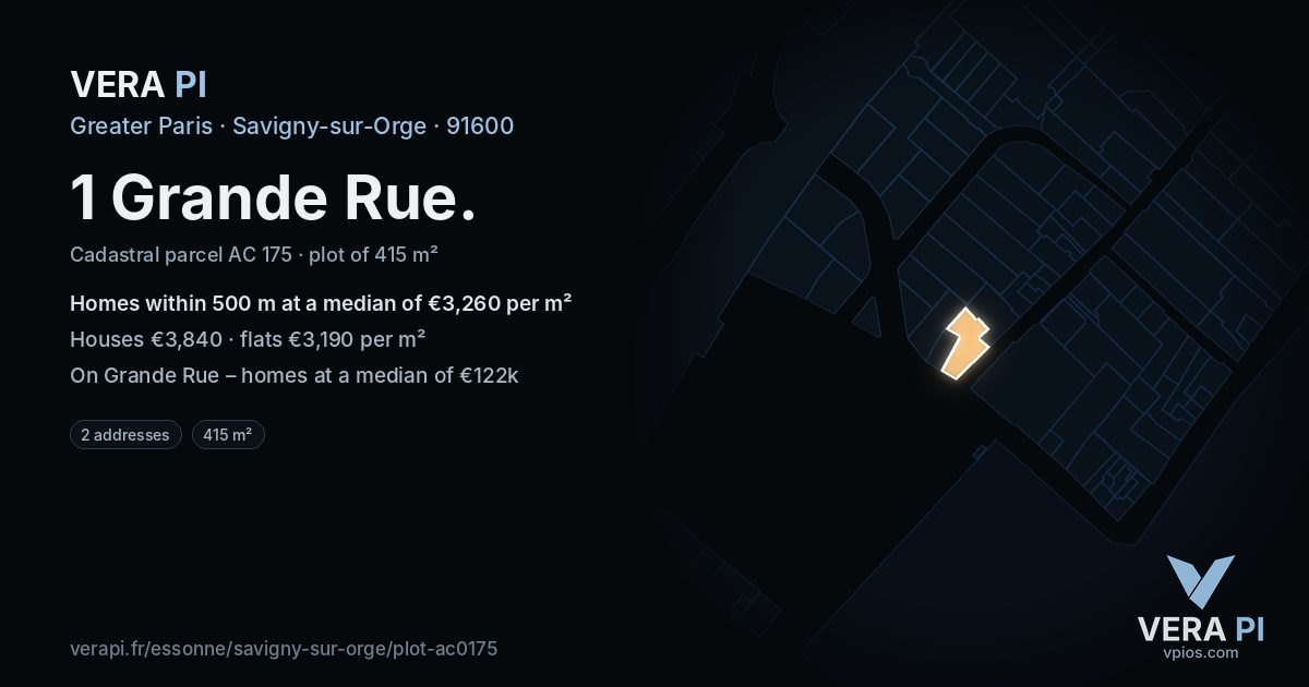 1 Grande Rue, Savigny-sur-Orge at night – the plot lit, the parcels around coloured by the prices near them