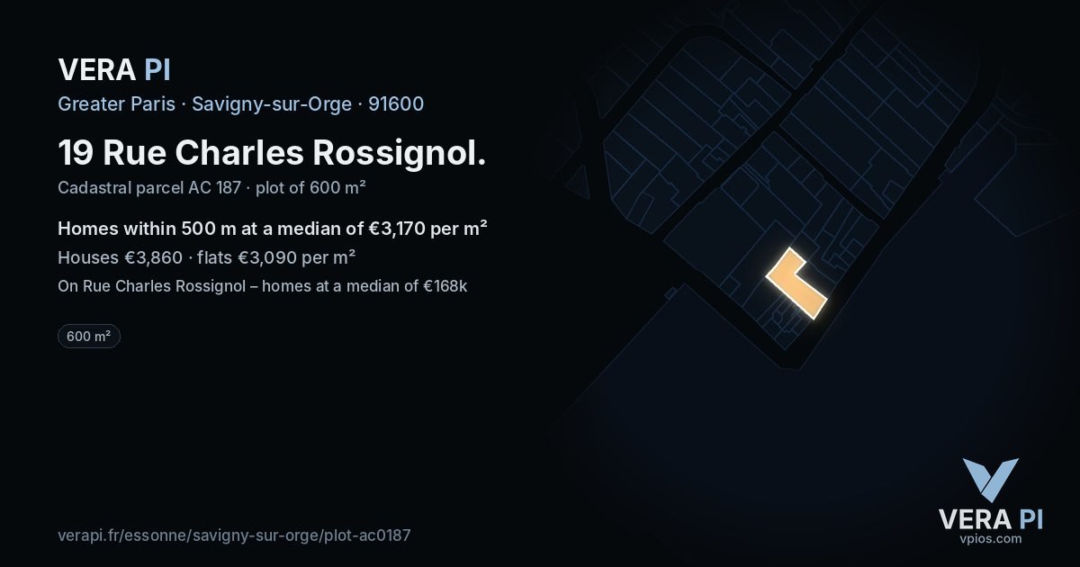 19 Rue Charles Rossignol, Savigny-sur-Orge at night – the plot lit, the parcels around coloured by the prices near them