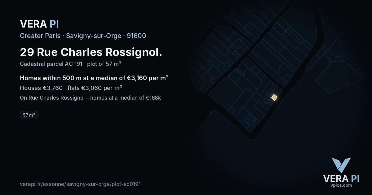 29 Rue Charles Rossignol, Savigny-sur-Orge at night – the plot lit, the parcels around coloured by the prices near them