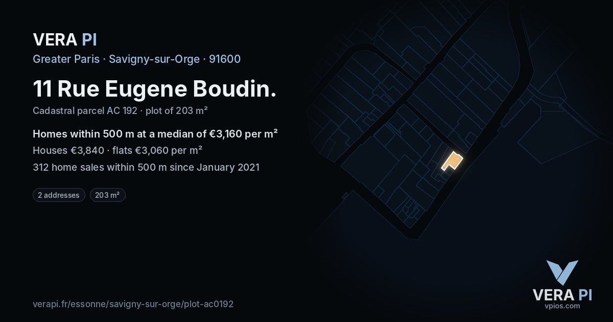 11 Rue Eugene Boudin, Savigny-sur-Orge at night – the plot lit, the parcels around coloured by the prices near them