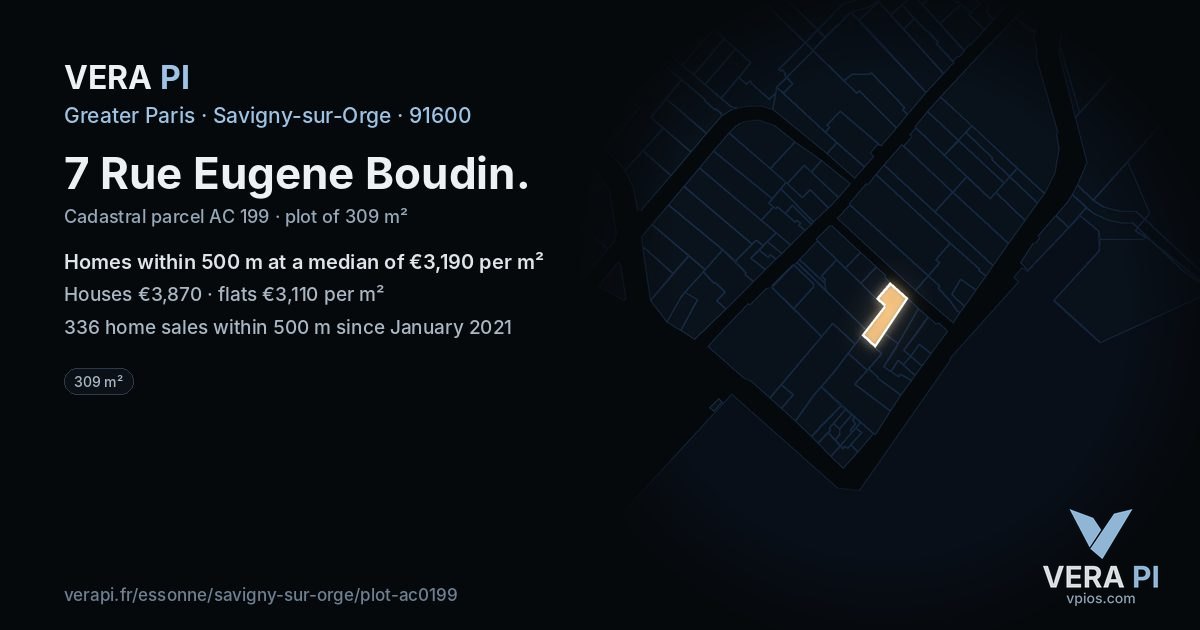 7 Rue Eugene Boudin, Savigny-sur-Orge at night – the plot lit, the parcels around coloured by the prices near them