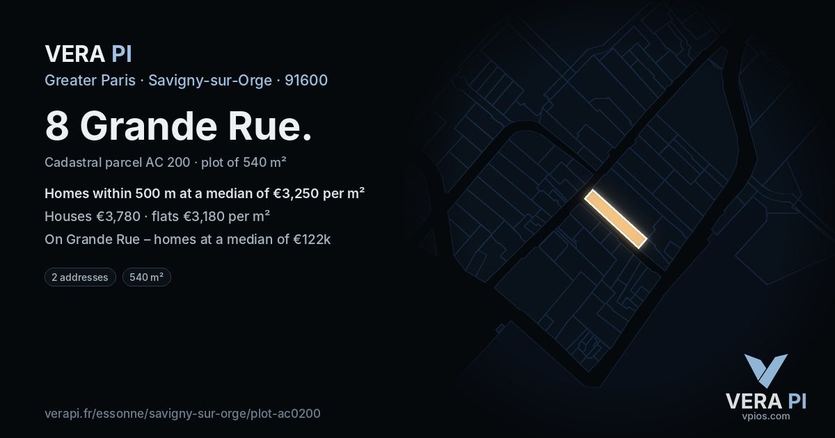 8 Grande Rue, Savigny-sur-Orge at night – the plot lit, the parcels around coloured by the prices near them