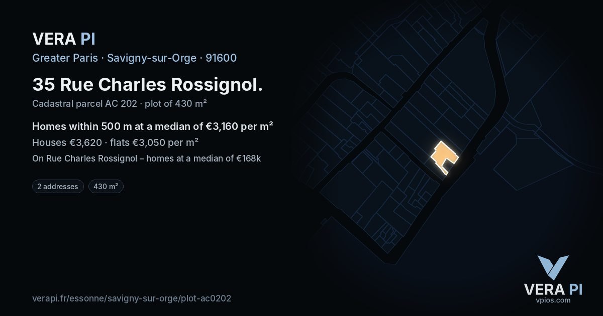 35 Rue Charles Rossignol, Savigny-sur-Orge at night – the plot lit, the parcels around coloured by the prices near them