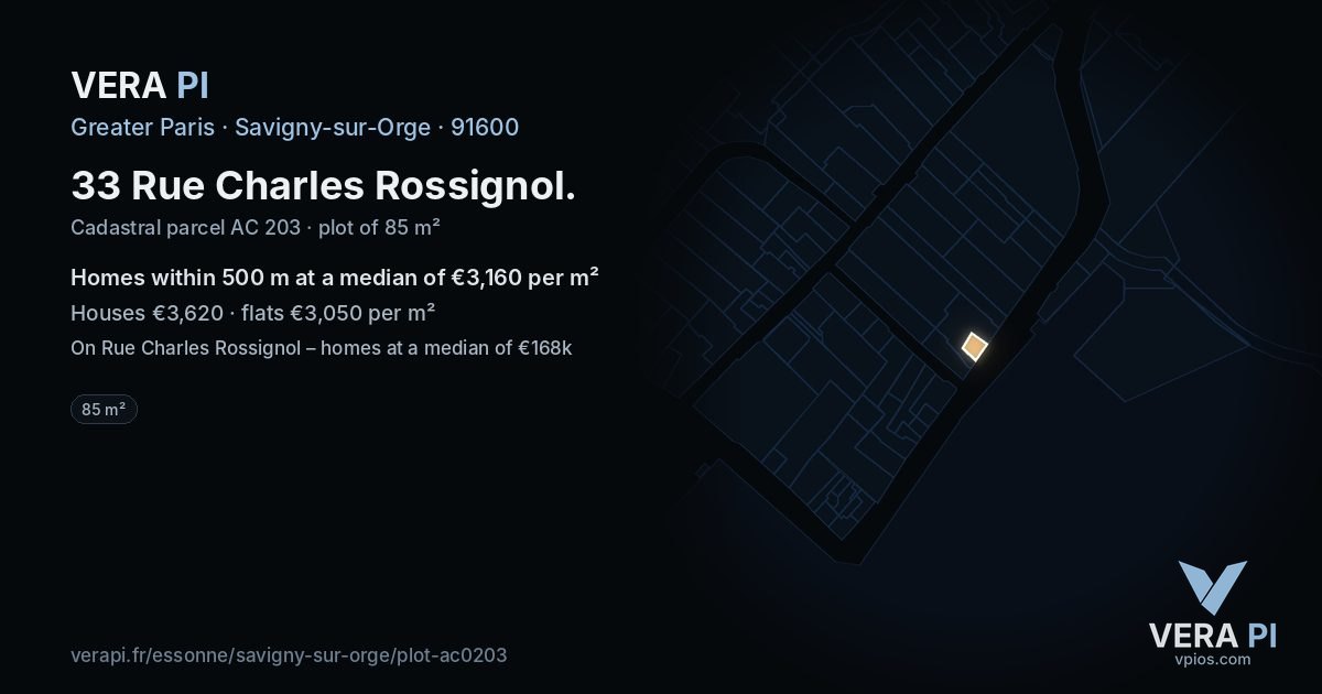 33 Rue Charles Rossignol, Savigny-sur-Orge at night – the plot lit, the parcels around coloured by the prices near them