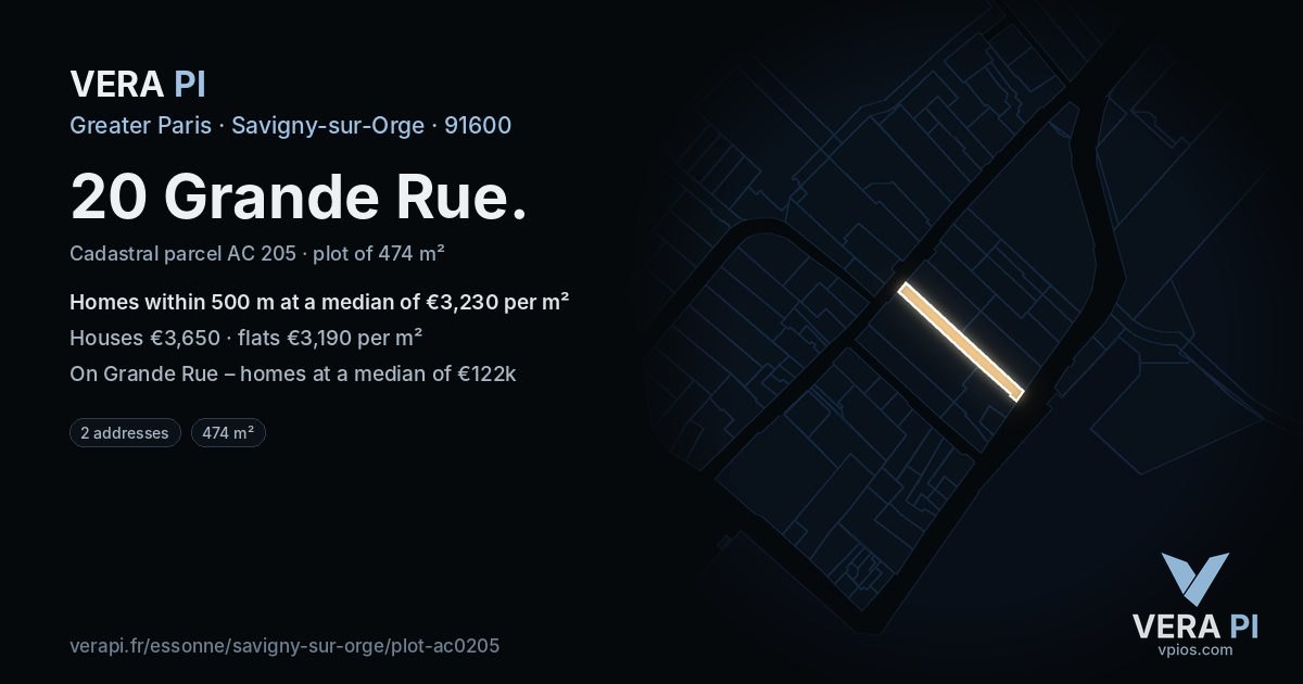 20 Grande Rue, Savigny-sur-Orge at night – the plot lit, the parcels around coloured by the prices near them