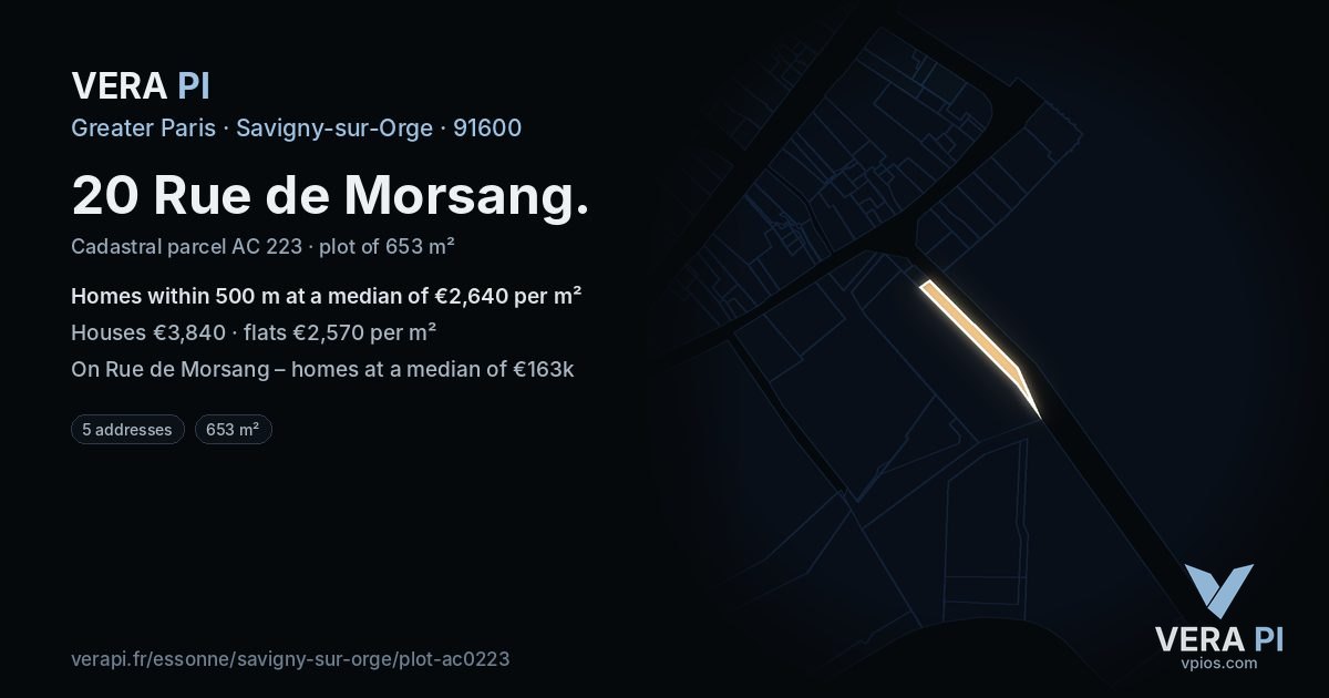 20 Rue de Morsang, Savigny-sur-Orge at night – the plot lit, the parcels around coloured by the prices near them