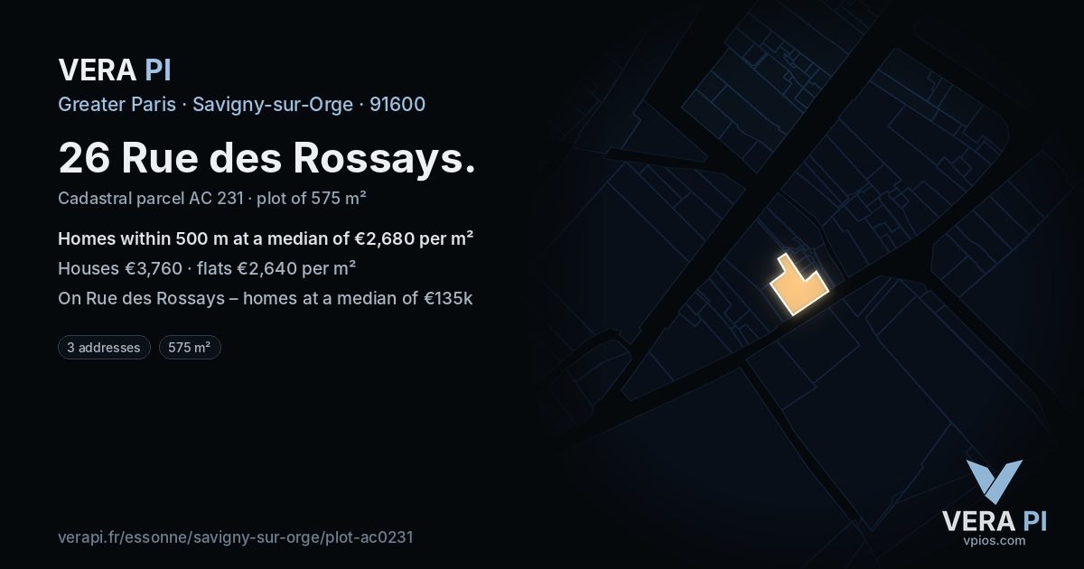 26 Rue des Rossays, Savigny-sur-Orge at night – the plot lit, the parcels around coloured by the prices near them