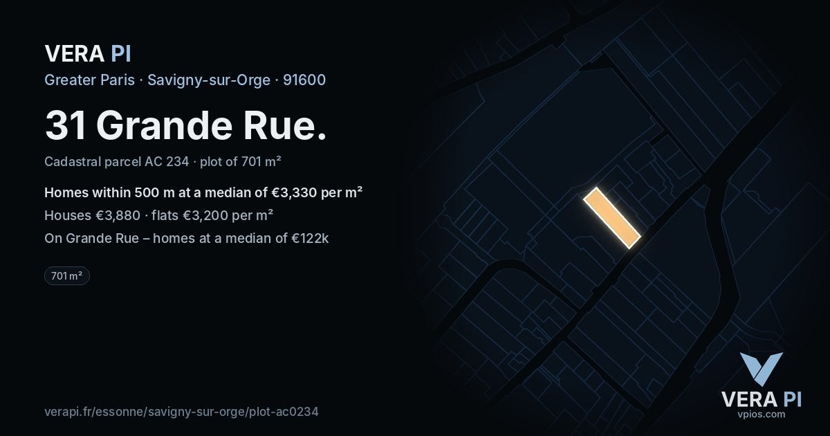 31 Grande Rue, Savigny-sur-Orge at night – the plot lit, the parcels around coloured by the prices near them