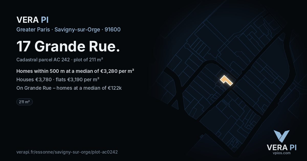 17 Grande Rue, Savigny-sur-Orge at night – the plot lit, the parcels around coloured by the prices near them