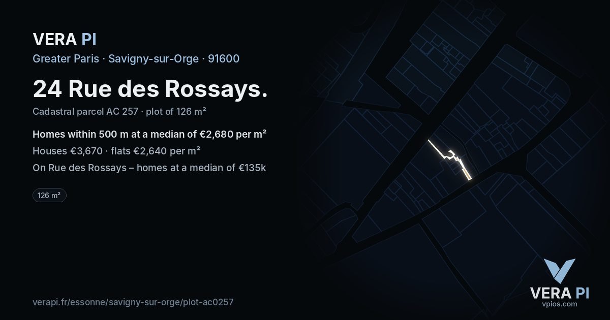 24 Rue des Rossays, Savigny-sur-Orge at night – the plot lit, the parcels around coloured by the prices near them