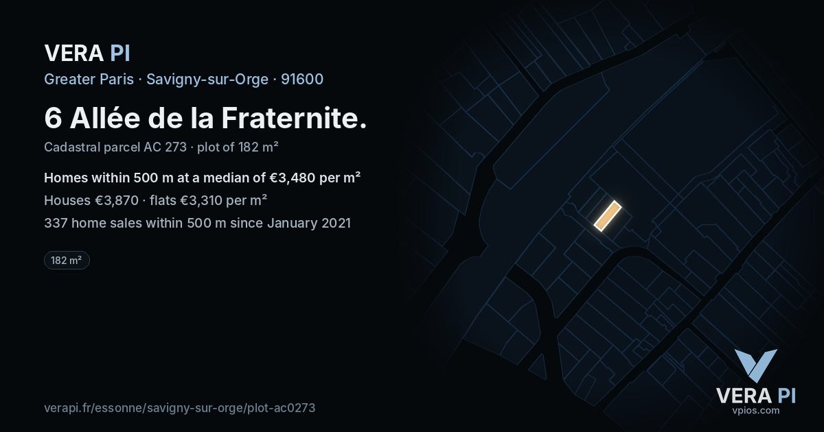 6 Allée de la Fraternite, Savigny-sur-Orge at night – the plot lit, the parcels around coloured by the prices near them