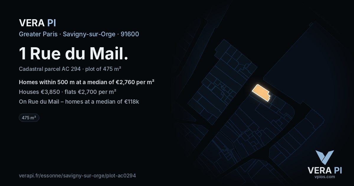 1 Rue du Mail, Savigny-sur-Orge at night – the plot lit, the parcels around coloured by the prices near them